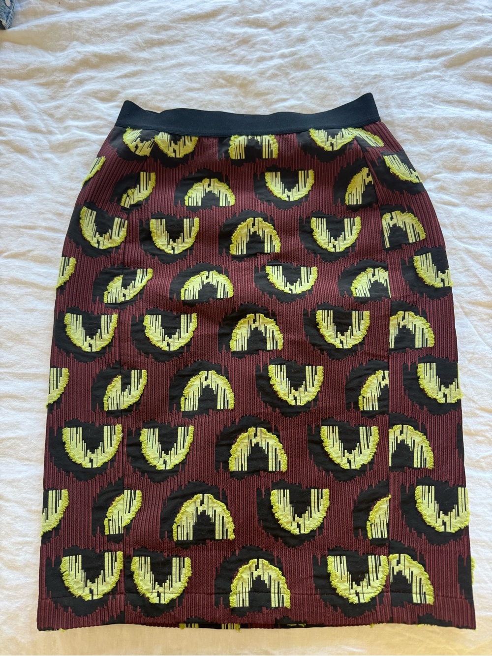 Rachel Comey Maroon Knit Pencil Skirt with Yellow & Black Graphic Motif